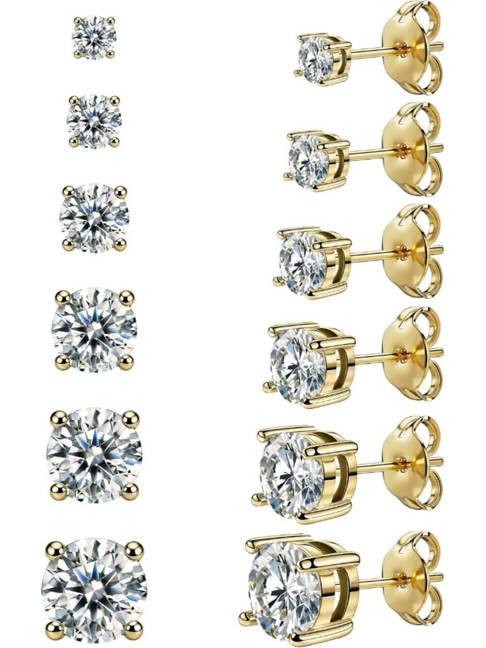 Women's 6 Pairs 3-8mm Gold Hypoallergenic Stainless Steel Stud Earrings Set